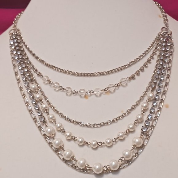 Hand Crafted Multi Strand Silver Tone with Beads and Rhinestone Fashion Necklace - Picture 3 of 9